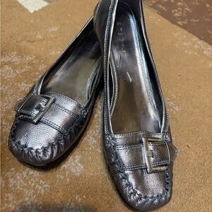 BCBG Metallic Pewter Leather Flats with Buckle